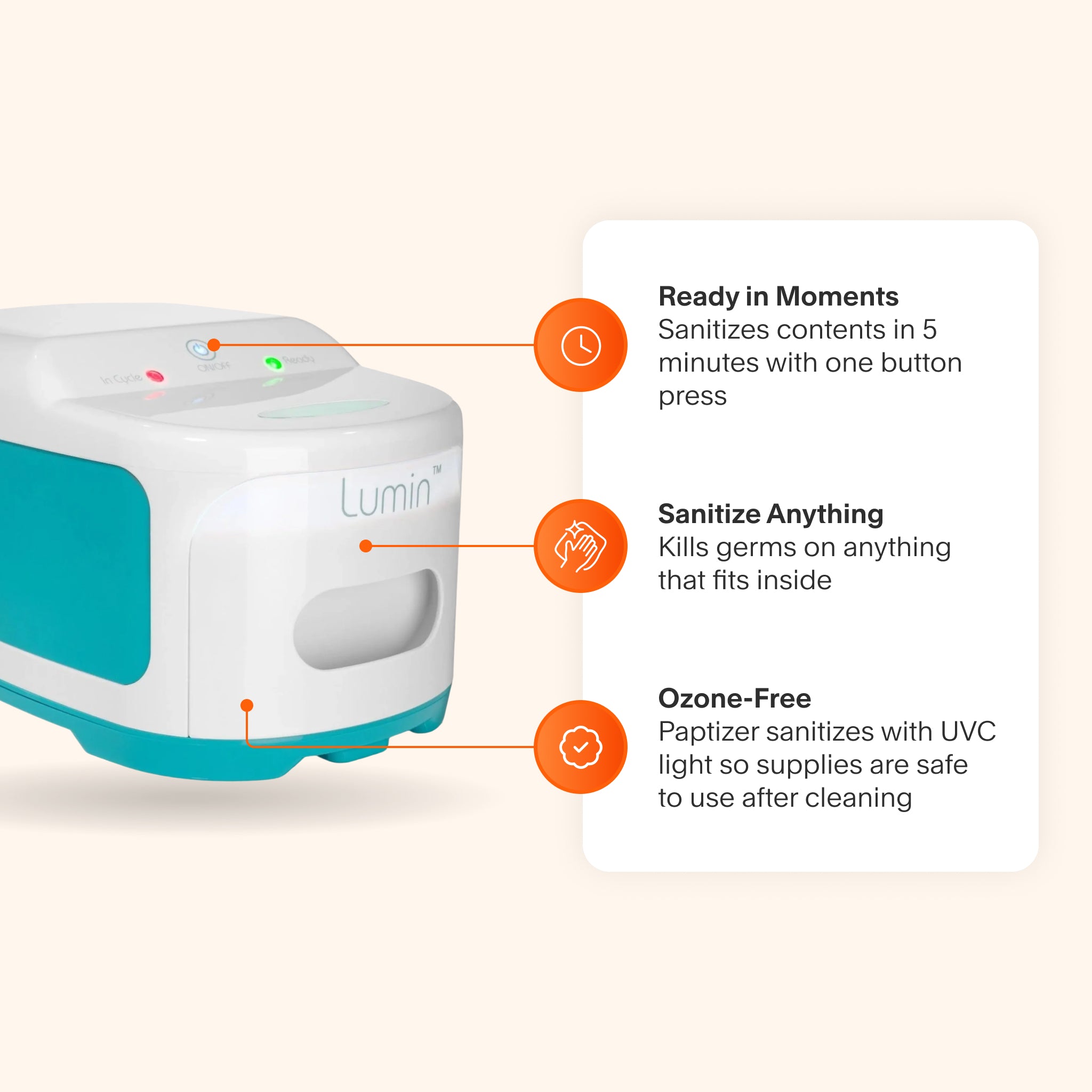 Lumin UVC Sanitizer featuring fast 5-minute cleaning, UV-C light disinfection, and compatibility with CPAP accessories and more.