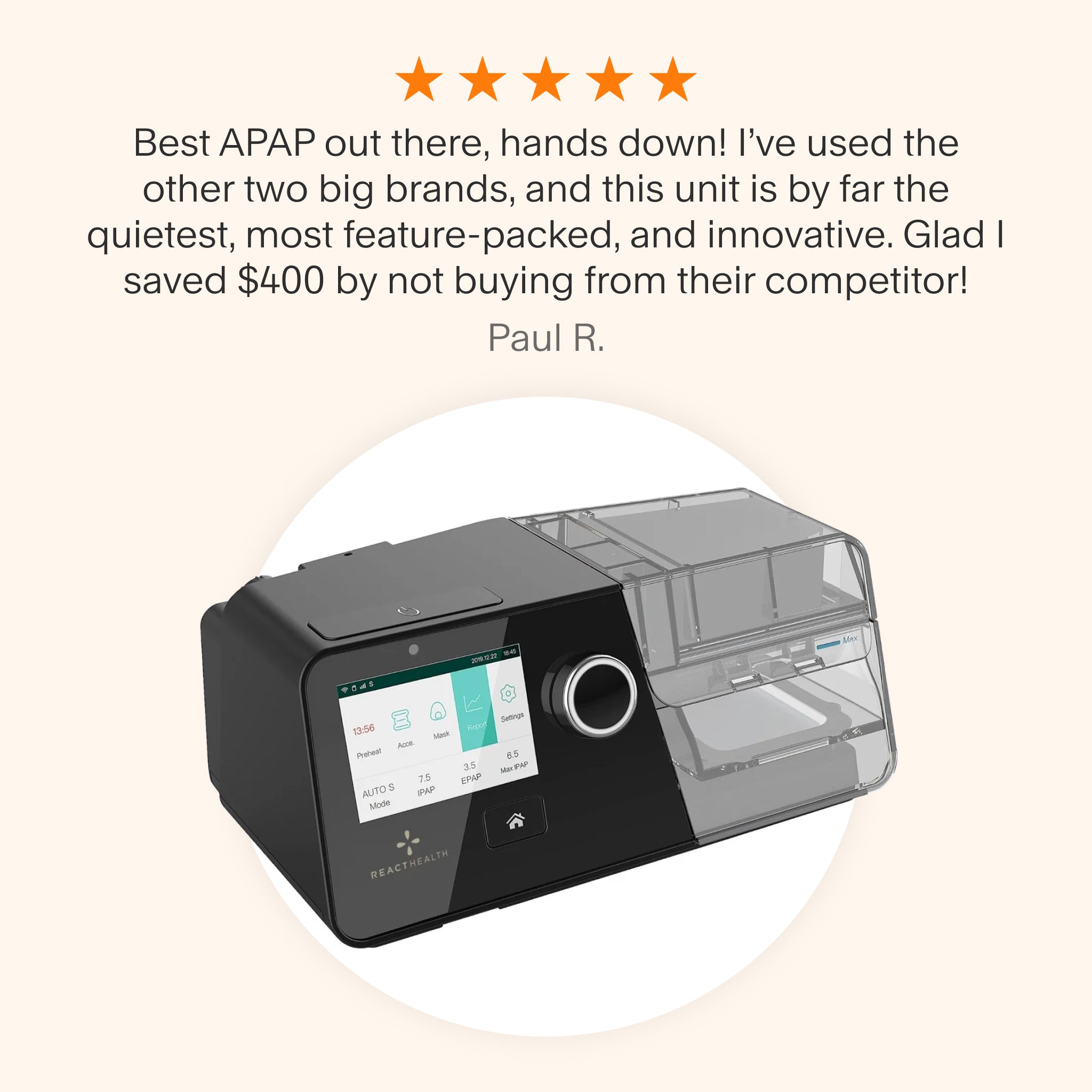 Customer testimonial for the Luna G3 Auto CPAP Machine, praising its quiet operation, innovative features, and value compared to other leading brands, with $400 savings.