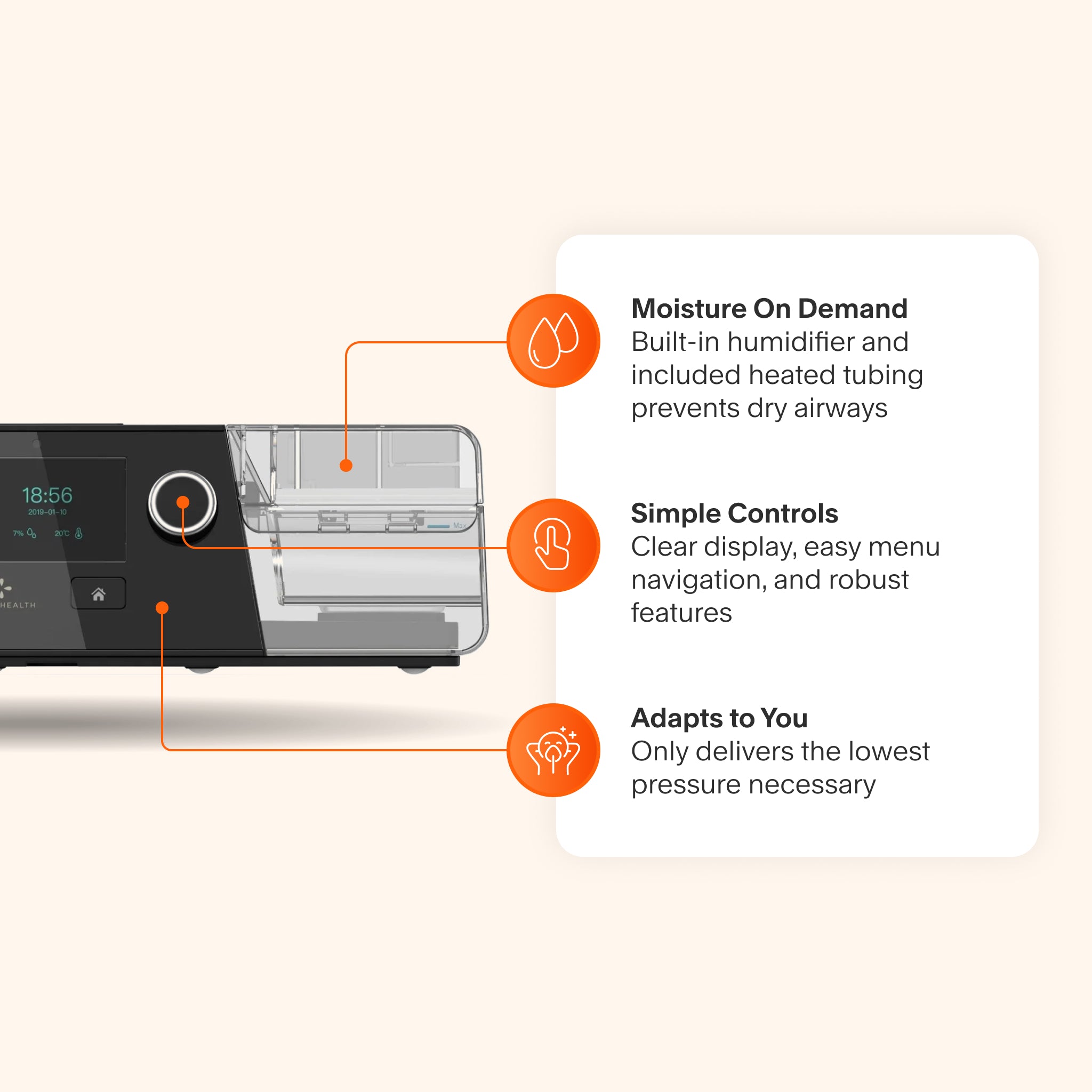 Luna G3 Auto CPAP Machine featuring a built-in humidifier for customizable moisture control, simple controls for easy navigation, and adaptive pressure for personalized comfort.
