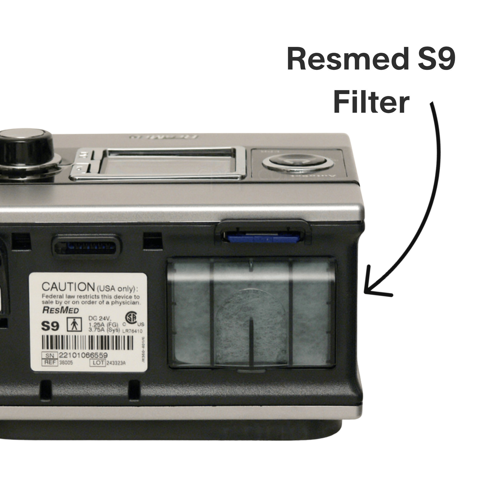 Resmed S9 showing filter door location on back of machine