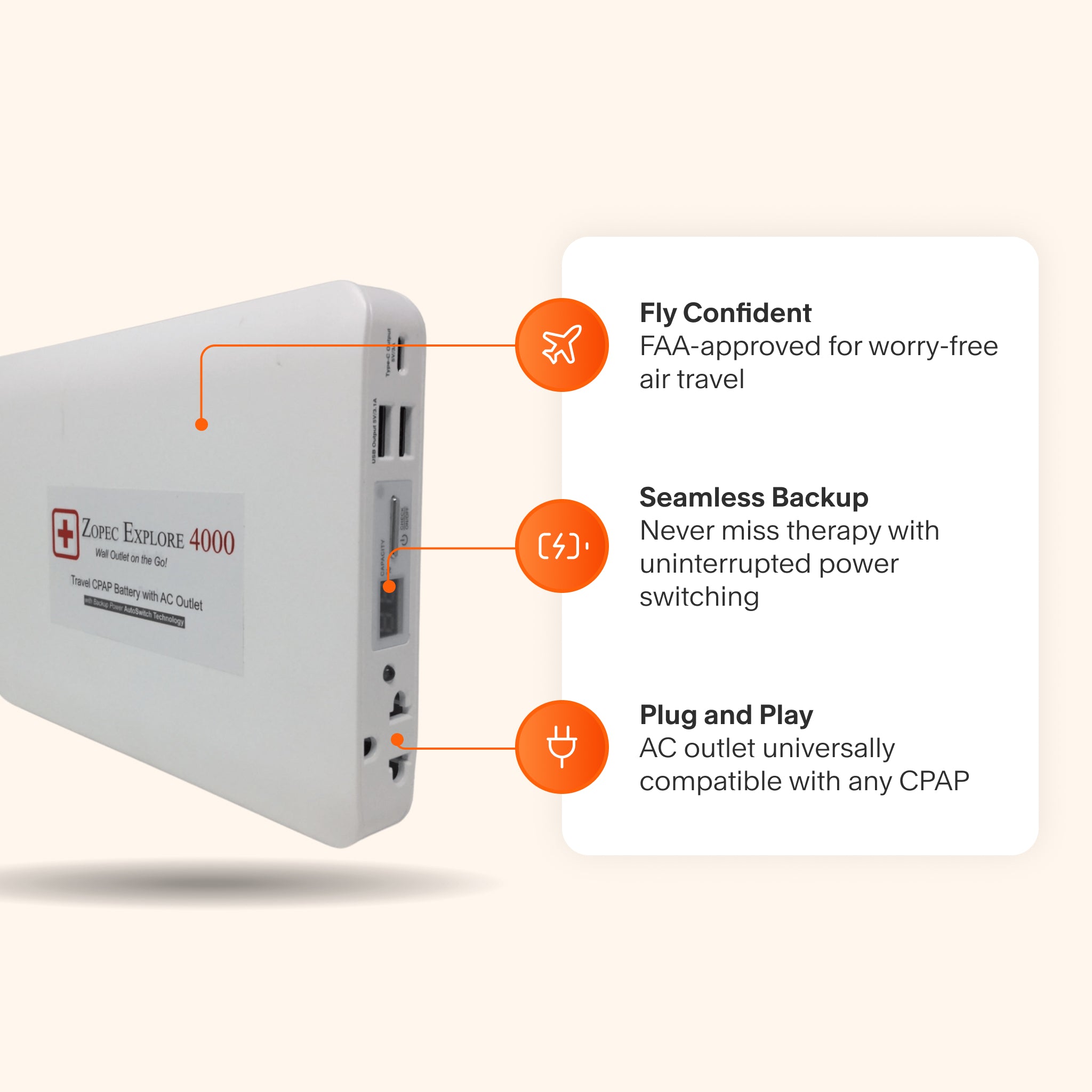 Zopec Explore 4000 featuring FAA approval for air travel, a universal AC outlet for any CPAP, and uninterrupted power switching for seamless therapy.