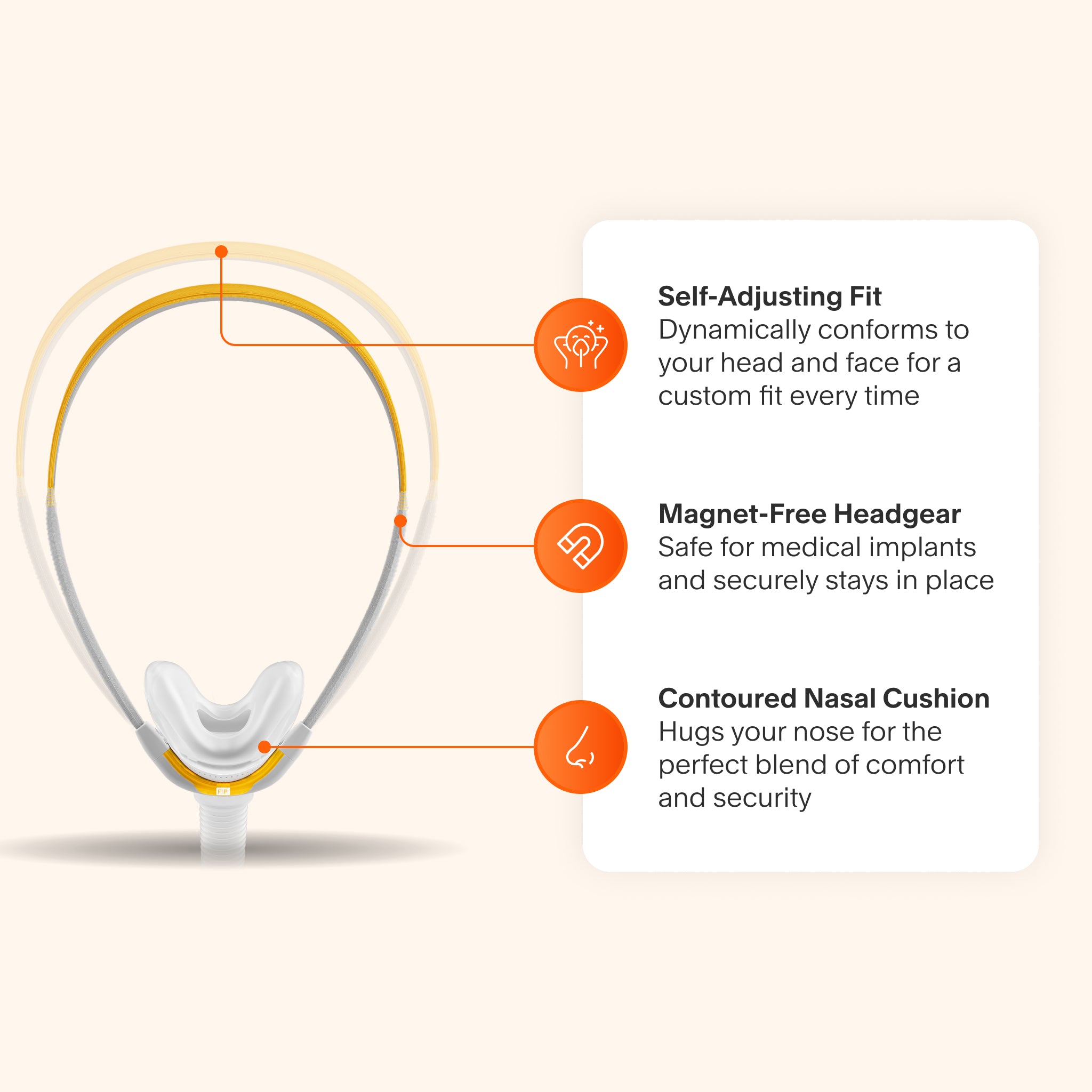 F&P Solo Nasal Mask featuring self-adjusting headgear for a custom fit, magnet-free design safe for medical implants, and a contoured nasal cushion for comfort and security.