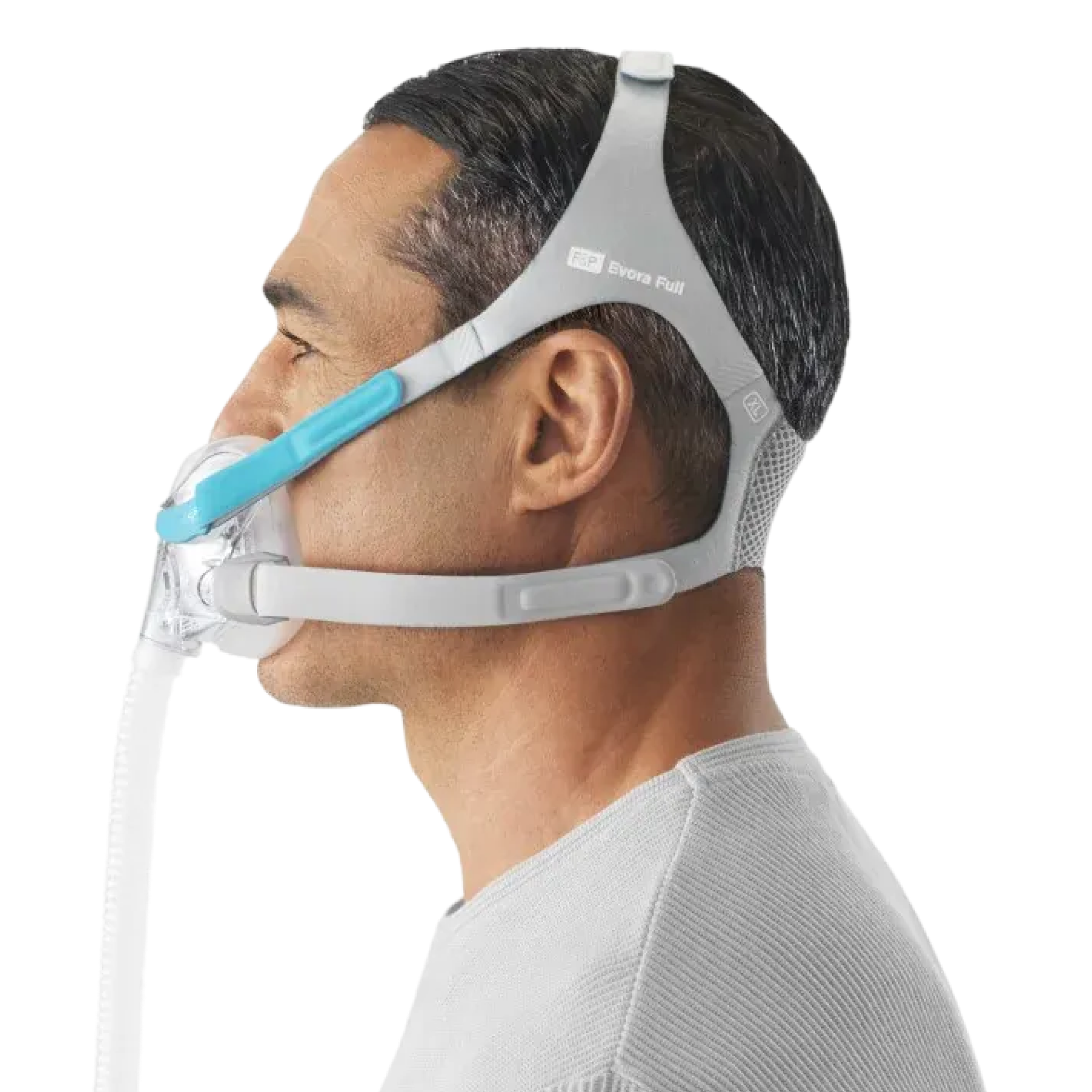 Side-view of a man wearing Headgear for F&P Evora Full Face Mask