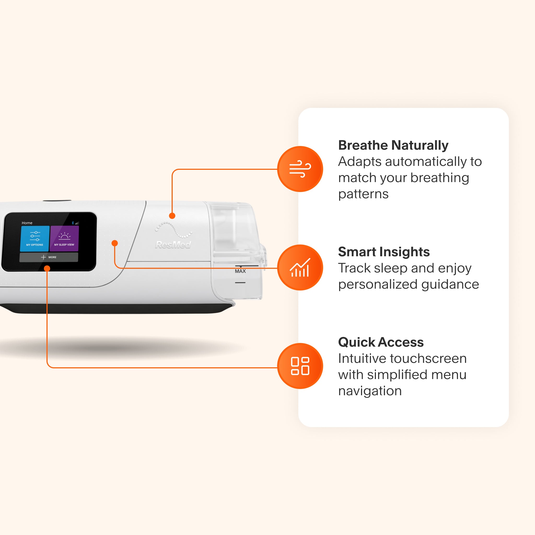 AirCurve 11 featuring adaptive technology for natural breathing, smart sleep tracking with personalized guidance, and an intuitive touchscreen for easy menu navigation.