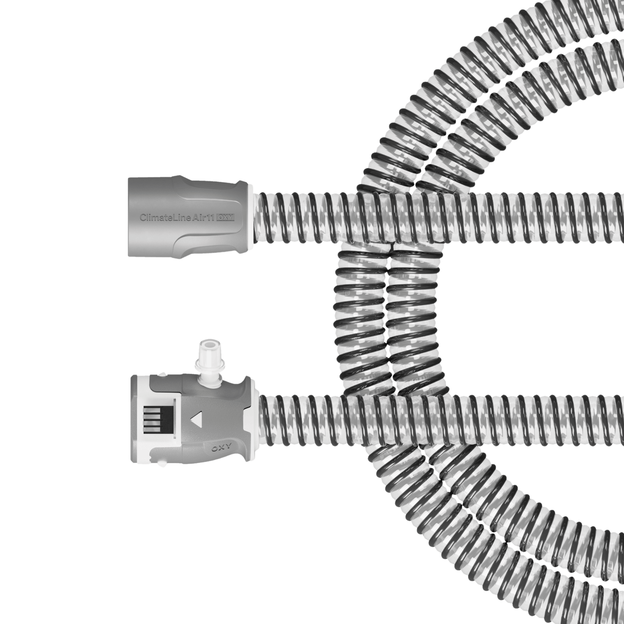 climatelineair 11 oxy heated tubing with additional port for supplemental oxygen where tubing connects to AirSense or AirCurve 11 models. Detail shot of connection points