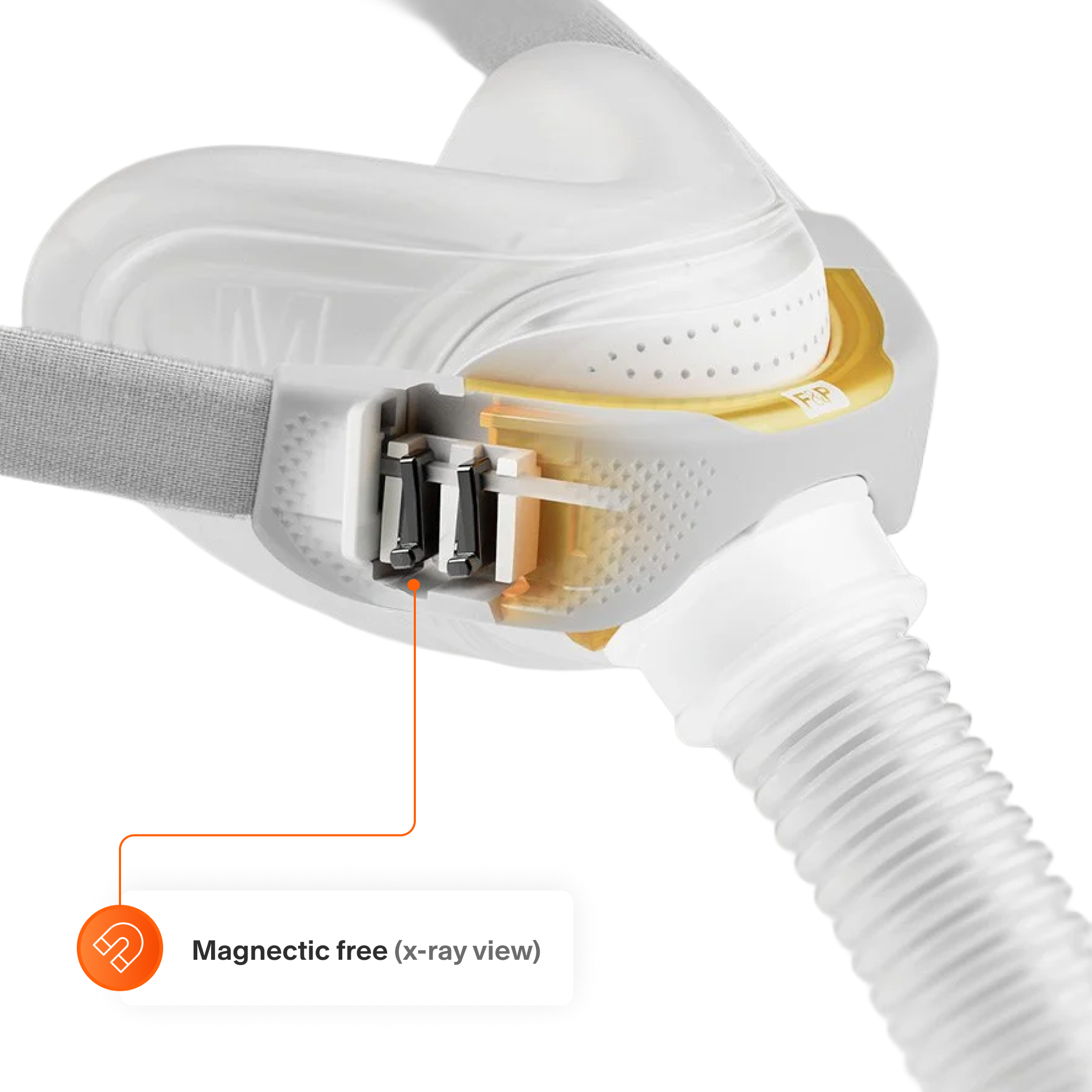 Detail image showing how the headgear clips on the mask without magnets.