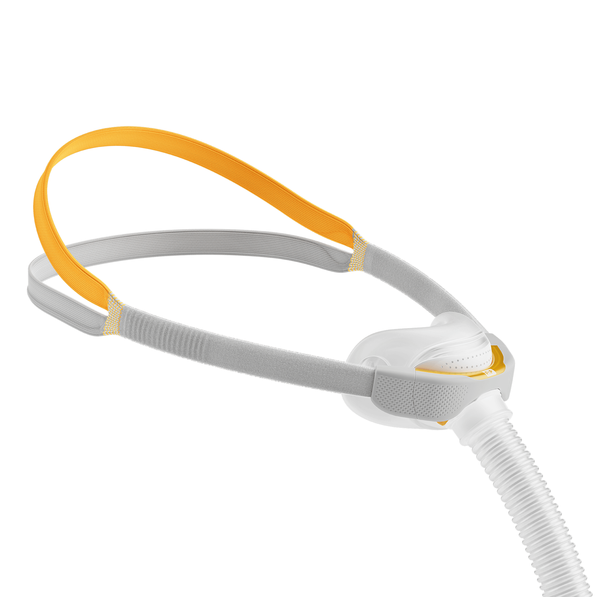An image of the Fisher & Paykel Solo Nasal Pillow Mask, featuring a white and yellow color scheme with a minimalist design.